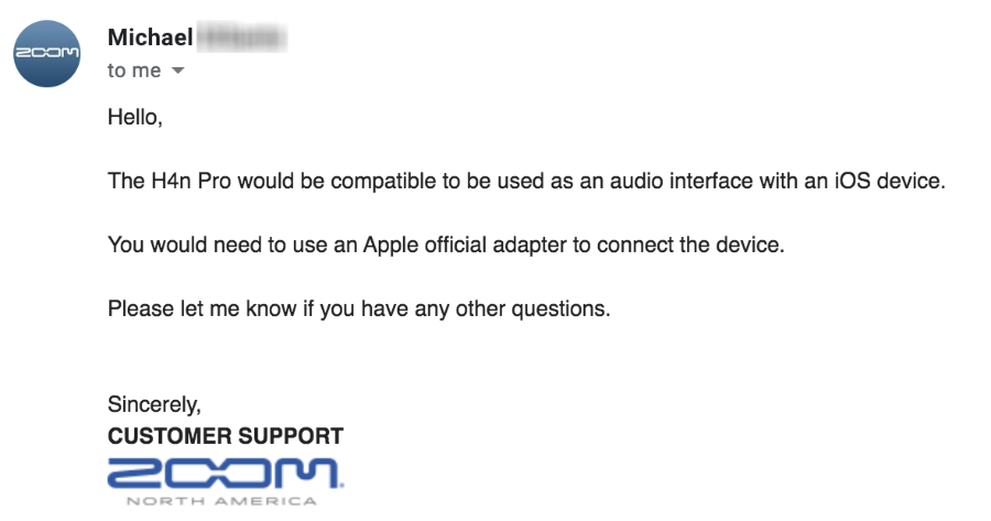 A support email from Zoom audio company